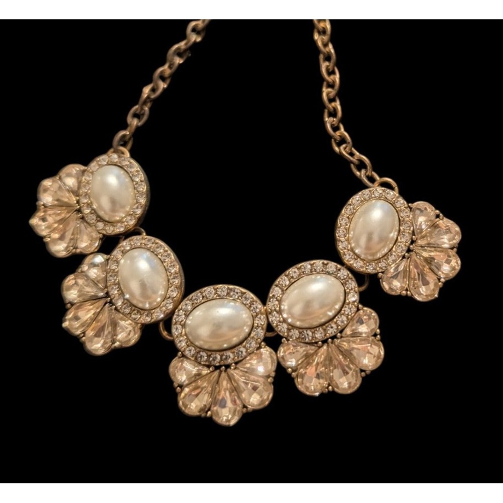 Ornate Statement Bib Necklace Gold Faux Pearl Lucite Crystal Floral Adjustable